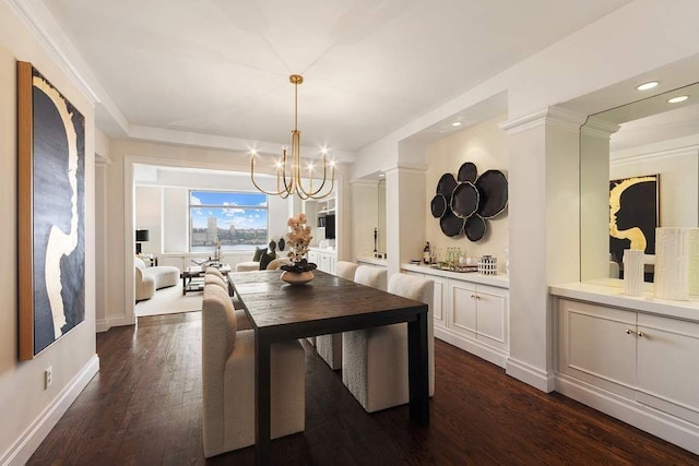 50 Riverside Dr Unit 10B, New York City, NY 10024 - dining area with a chandelier, recessed lighting, dark wood finished floors, baseboards, and ornate columns