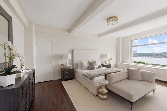50 Riverside Dr Unit 10B, New York City, NY 10024 - bedroom featuring beam ceiling, dark wood finished floors, and a water view