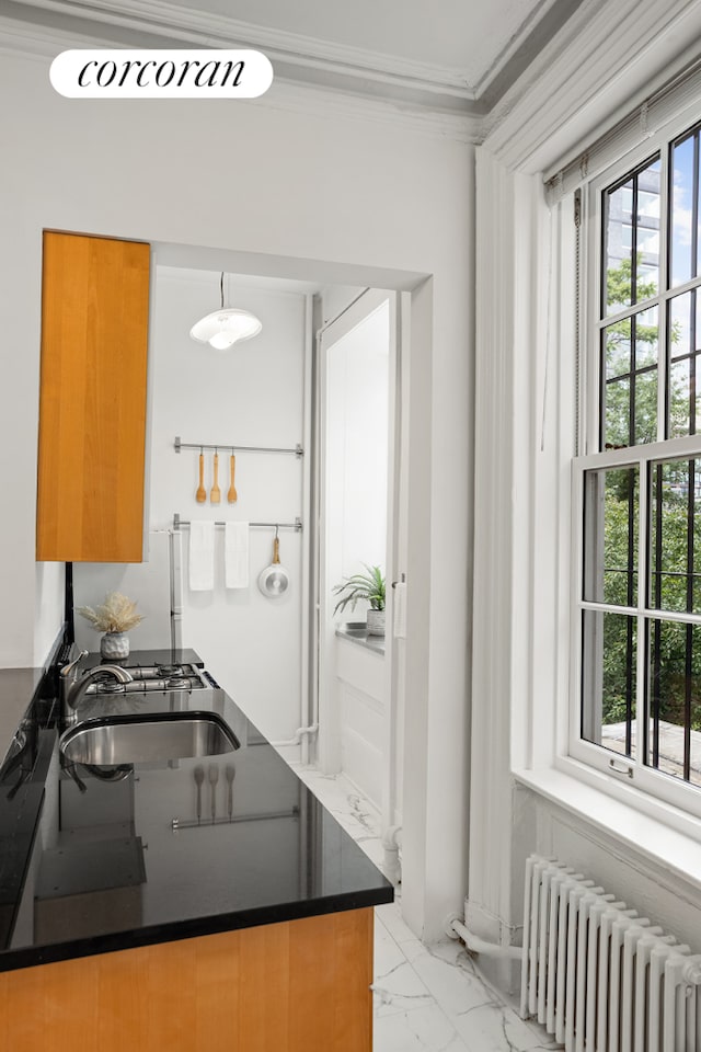 111 E 10th St Unit 20, New York City, NY 10003 - kitchen featuring radiator heating unit, a sink, light marble finish flooring, healthy amount of natural light, and ornamental molding