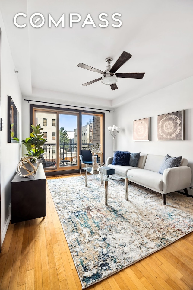 228 Bushwick Ave Unit 3B, New York City, NY 11206 - living room featuring wood-type flooring and a ceiling fan