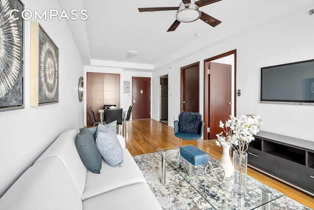 228 Bushwick Ave Unit 3B, New York City, NY 11206 - living area featuring wood finished floors and ceiling fan