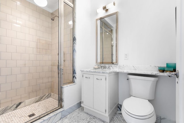 155 W 11th St Unit 14D, New York City, NY 10011 - full bathroom featuring toilet, a stall shower, vanity, and baseboards