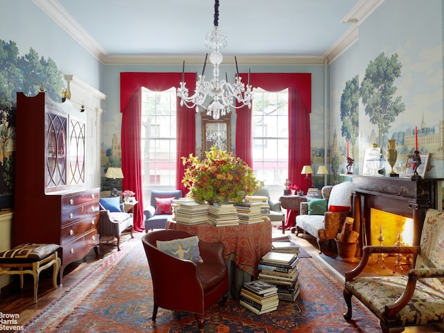 203 Prince St, New York City, NY 10012 - sitting room with a chandelier, crown molding, and wood finished floors