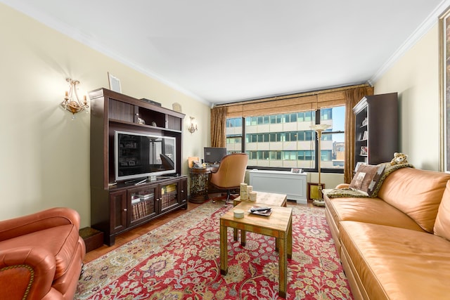 117 E 57th St Unit 35/36F, New York City, NY 10022 - living area featuring ornamental molding, a desk, and light wood-style flooring
