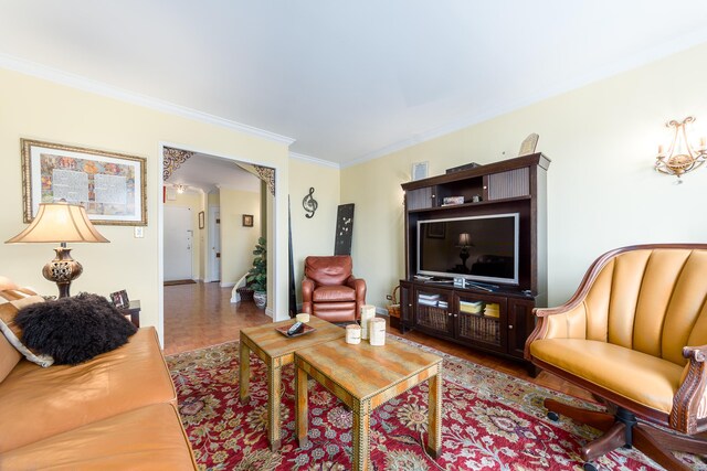 117 E 57th St Unit 35/36F, New York City, NY 10022 - living area featuring arched walkways, ornamental molding, and wood finished floors