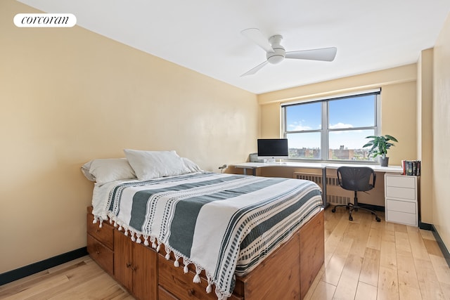 2483 W 16th St Unit 17E, New York City, NY 11214 - bedroom with light wood-style flooring, an office area, ceiling fan, and radiator heating unit