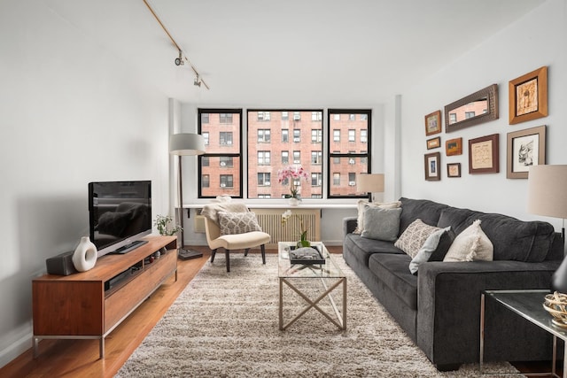 200 W 79th St Unit 9J, New York City, NY 10024 - living room featuring radiator, wood finished floors, and track lighting