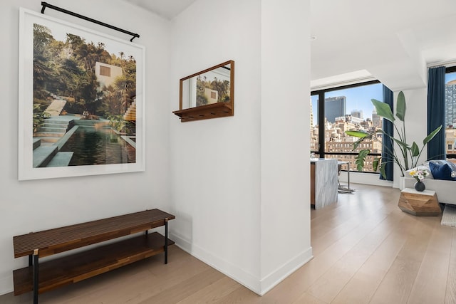 128 W 23rd St Unit 15B, New York City, NY 10011 - corridor featuring wood finished floors, baseboards, and a view of city