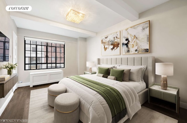 10 Park Ave Unit 3Ab, New York City, NY 10016 - bedroom with beamed ceiling, wood finished floors, and baseboards