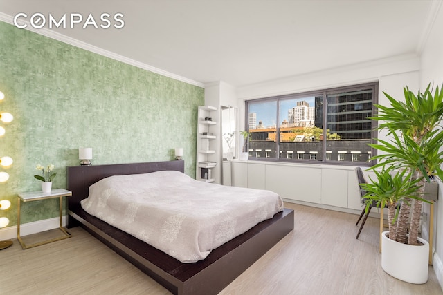 530 E 72nd St Unit 7C, New York City, NY 10021 - bedroom with light wood finished floors, ornamental molding, wallpapered walls, and a city view