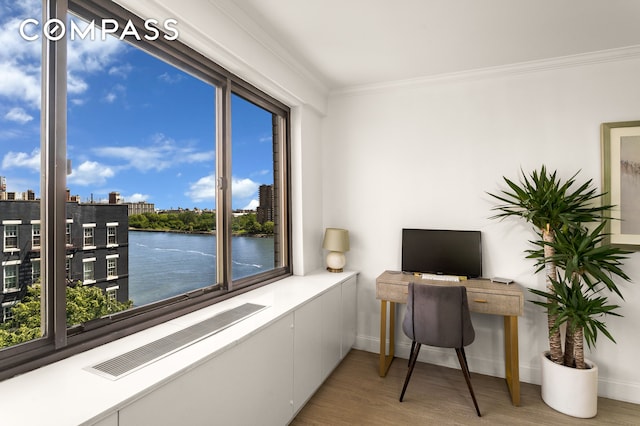 530 E 72nd St Unit 7C, New York City, NY 10021 - home office with ornamental molding, light wood finished floors, and a city view