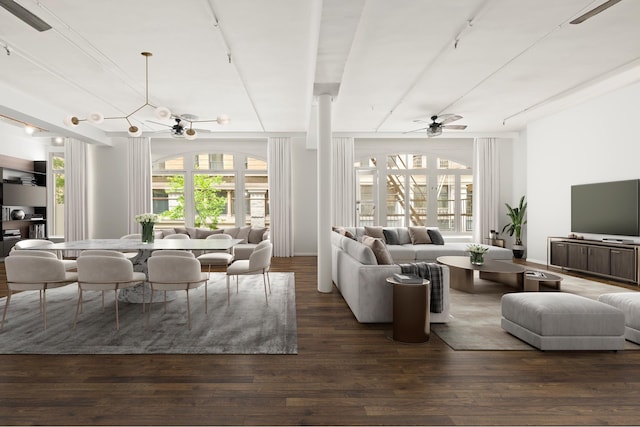 152 Wooster St Unit 2A, New York City, NY 10012 - living room with ceiling fan, dark wood-type flooring, and a chandelier