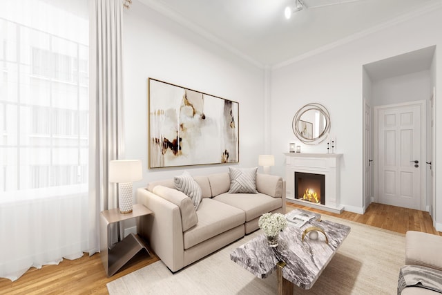 2 W 90th St Unit 2C, New York City, NY 10024 - living area with wood finished floors, ornamental molding, and a lit fireplace