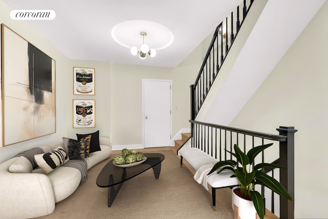 213 E 71st St Unit Ph5, New York City, NY 10021 - living room with stairway, a chandelier, and baseboards