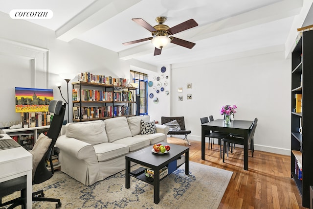 333 E 43rd St Unit 511, New York City, NY 10017 - living area featuring ceiling fan, wood finished floors, and beamed ceiling