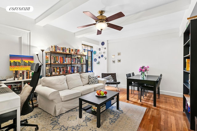 333 E 43rd St Unit 511, New York City, NY 10017 - living room featuring ceiling fan, wood finished floors, and beam ceiling