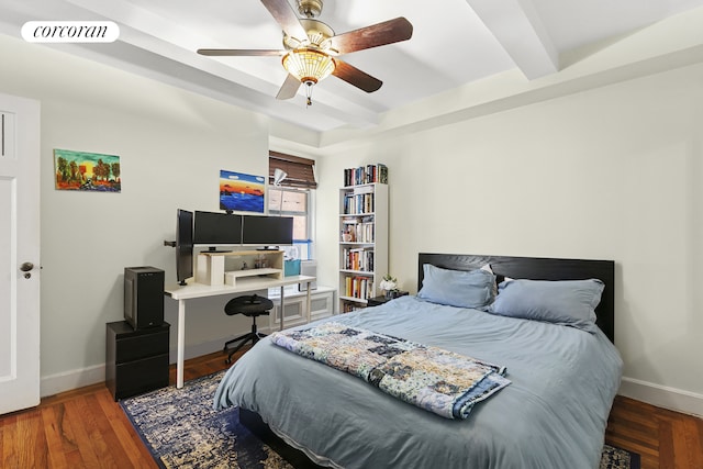 333 E 43rd St Unit 511, New York City, NY 10017 - bedroom featuring wood finished floors, beam ceiling, and ceiling fan