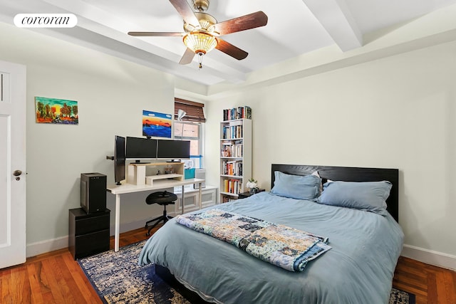 333 E 43rd St Unit 511, New York City, NY 10017 - bedroom with wood finished floors, a ceiling fan, and beam ceiling
