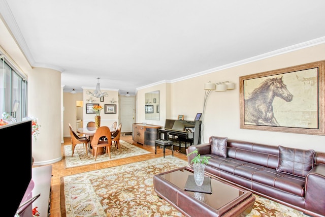 167 E 61st St Unit 11B, New York City, NY 10065 - living room with ornamental molding, a chandelier, parquet floors, and baseboards