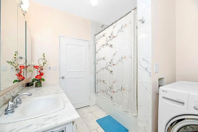 167 E 61st St Unit 11B, New York City, NY 10065 - bathroom featuring washer / dryer, vanity, shower / bath combo, and marble finish flooring