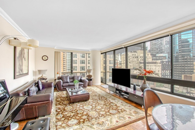 167 E 61st St Unit 11B, New York City, NY 10065 - living room featuring crown molding and wood finished floors