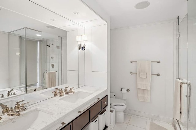 140 E 63rd St Unit 11C, New York City, NY 10065 - bathroom with a shower stall, toilet, double vanity, and baseboards
