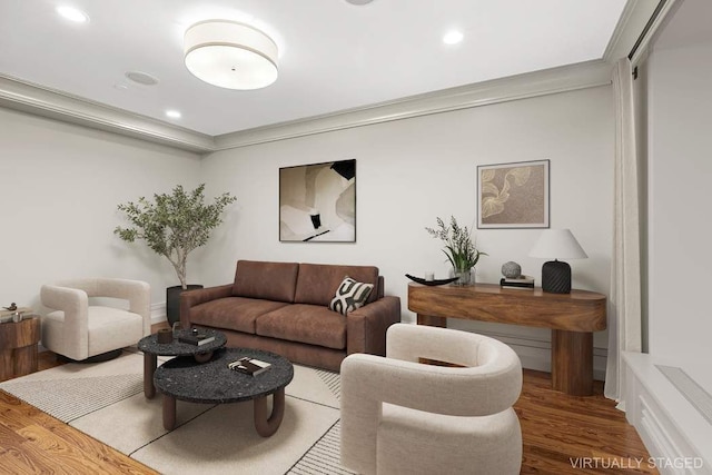 140 E 63rd St Unit 11C, New York City, NY 10065 - living room with wood finished floors, recessed lighting, and crown molding