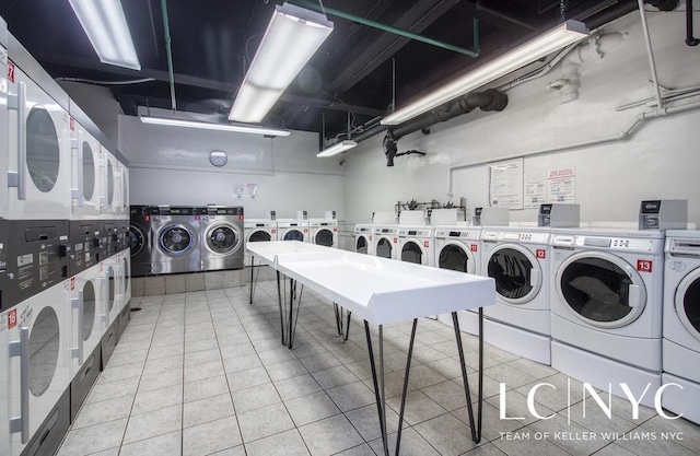 310 Riverside Dr Unit 1804, New York City, NY 10025 - shared laundry featuring stacked washing machine and dryer, separate washer and dryer, and light tile patterned flooring