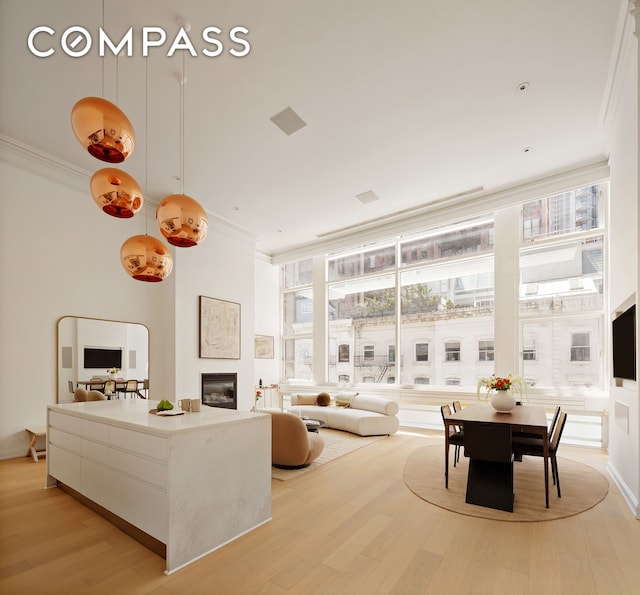 16 Warren St Unit 5, New York City, NY 10007 - living room with light wood-style floors, plenty of natural light, ornamental molding, and a glass covered fireplace