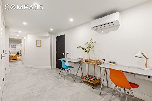 744 Park Pl Unit 1A, New York City, NY 11216 - office with a wall mounted air conditioner, light marble finish flooring, recessed lighting, and baseboards