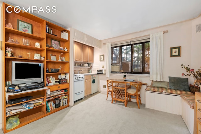 126 E 30th St Unit 1B, New York City, NY 10016 - kitchen with white appliances, light colored carpet, open shelves, and light countertops