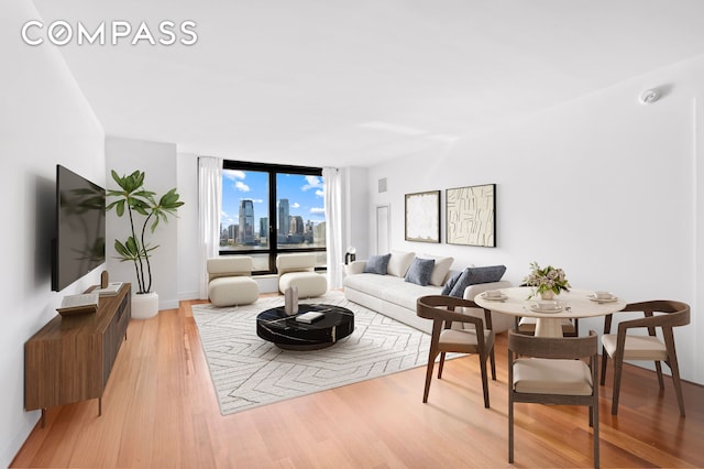 30 W St Unit 25G, New York City, NY 10004 - living room featuring light wood-type flooring, floor to ceiling windows, and baseboards