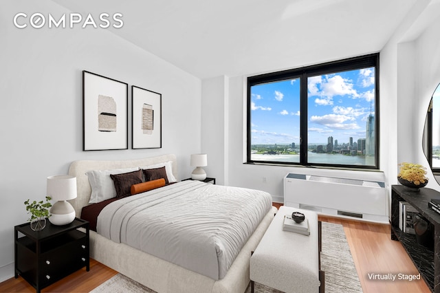 30 W St Unit 25G, New York City, NY 10004 - bedroom featuring radiator, wood finished floors, multiple windows, and a view of city