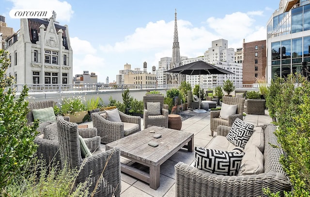 67 E 11th St Unit 620, New York City, NY 10003 - view of patio / terrace featuring an outdoor living space and a view of skyline