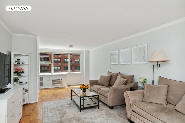 233 E 70th St Unit 8T, New York City, NY 10021 - living room with crown molding and a wall unit AC