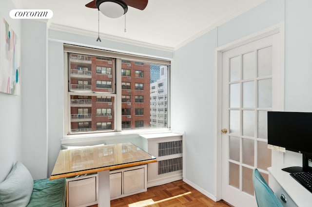 233 E 70th St Unit 8T, New York City, NY 10021 - sitting room featuring a ceiling fan, ornamental molding, and baseboards