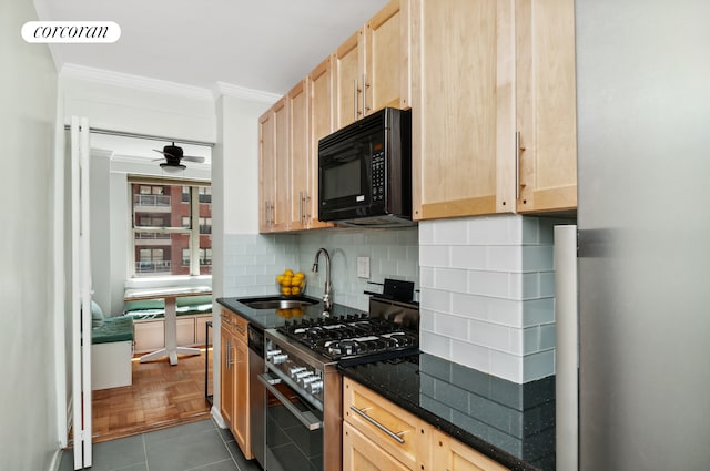 233 E 70th St Unit 8T, New York City, NY 10021 - kitchen featuring black microwave, range with gas stovetop, a sink, light brown cabinetry, and crown molding