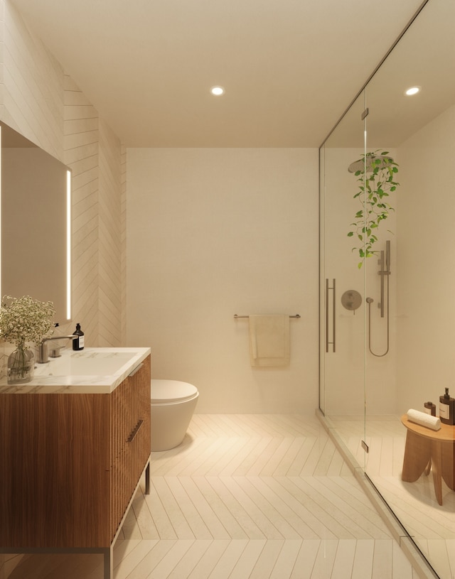 228 13th St Unit 201, New York City, NY 11215 - bathroom with toilet, vanity, a stall shower, tile patterned floors, and recessed lighting