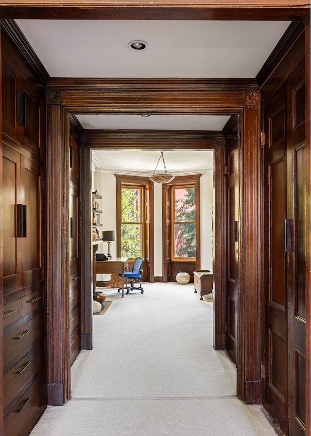 208 Garfield Place, New York City, NY 11215 - hall with light carpet, ornamental molding, and an office area