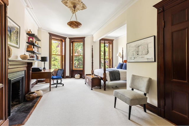 208 Garfield Place, New York City, NY 11215 - office area with ornamental molding, carpet floors, and a fireplace with flush hearth