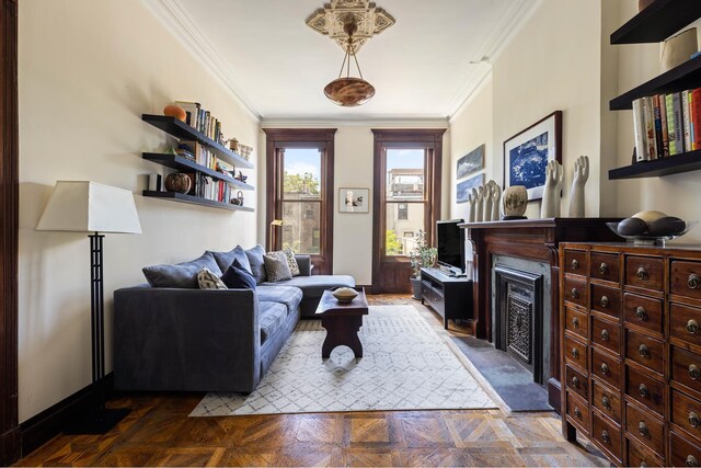 208 Garfield Place, New York City, NY 11215 - living area with crown molding and a fireplace