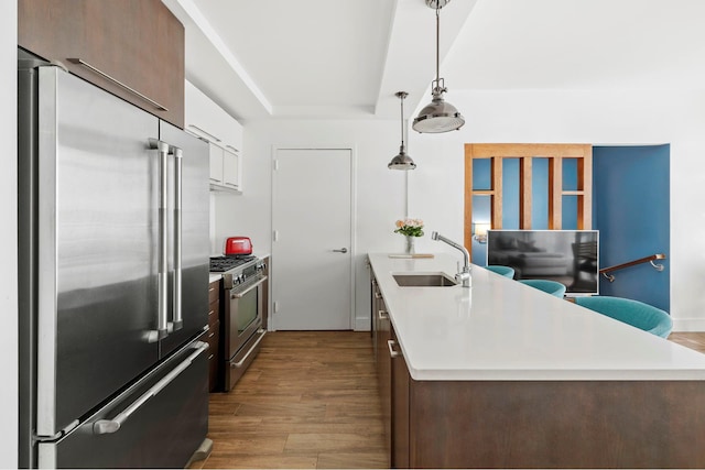 214 N 11th St Unit 1X, New York City, NY 11211 - kitchen featuring high end appliances, a tray ceiling, dark wood-type flooring, light countertops, and pendant lighting