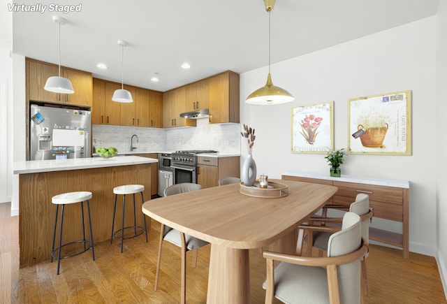 549 Borden Ave Unit 9K, New York City, NY 11101 - kitchen featuring appliances with stainless steel finishes, under cabinet range hood, light wood-style flooring, light countertops, and decorative backsplash