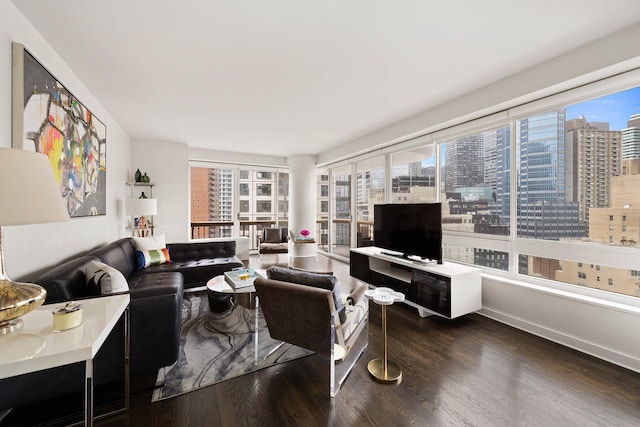 167 E 61st St Unit 16B, New York City, NY 10065 - living room featuring dark wood-style floors and baseboards