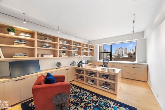510 E 86th St Unit 17C, New York City, NY 10028 - home office featuring light wood-style floors, rail lighting, and baseboards