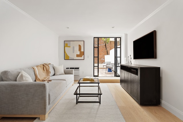 435 E 86th St Unit Gc, New York City, NY 10028 - living room featuring light wood finished floors, ornamental molding, and baseboards