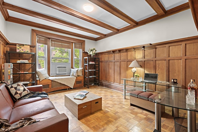435 Convent Ave Unit 32, New York City, NY 10031 - living room with cooling unit, beam ceiling, a decorative wall, a wainscoted wall, and ornamental molding
