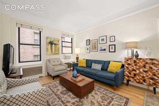 62 E 87th St Unit 3C, New York City, NY 10128 - living area featuring wood finished floors, radiator, and ornamental molding