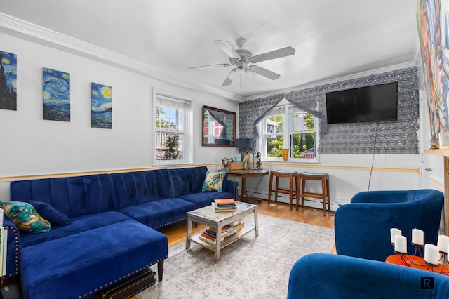 37 Centre St, New York City, NY 10464 - living room featuring baseboard heating, crown molding, a ceiling fan, plenty of natural light, and wood finished floors
