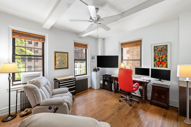 444 E 57th St Unit 5B, New York City, NY 10022 - office space featuring radiator, beam ceiling, hardwood / wood-style floors, and ceiling fan